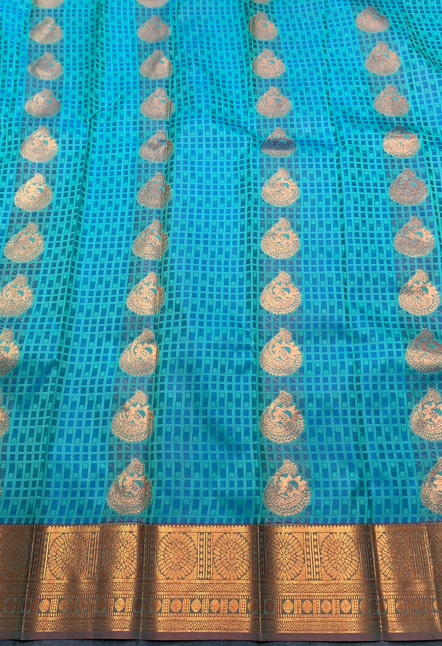 Vegan Silk Saree Sapphire Colour with Golden Floral Border