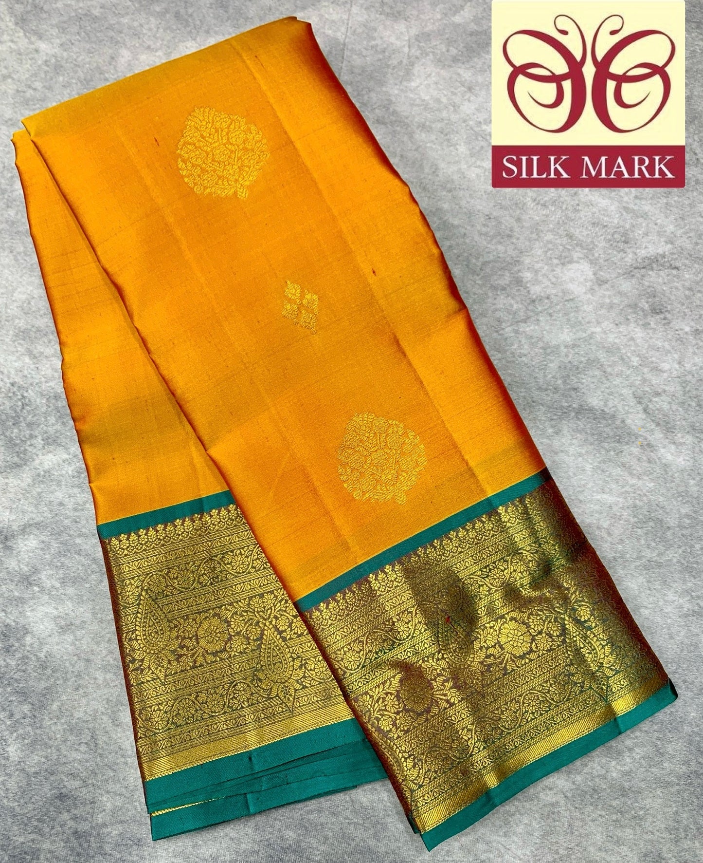 Pure Kanchipuram Silk Saree Golden Shade with Rama Green Border