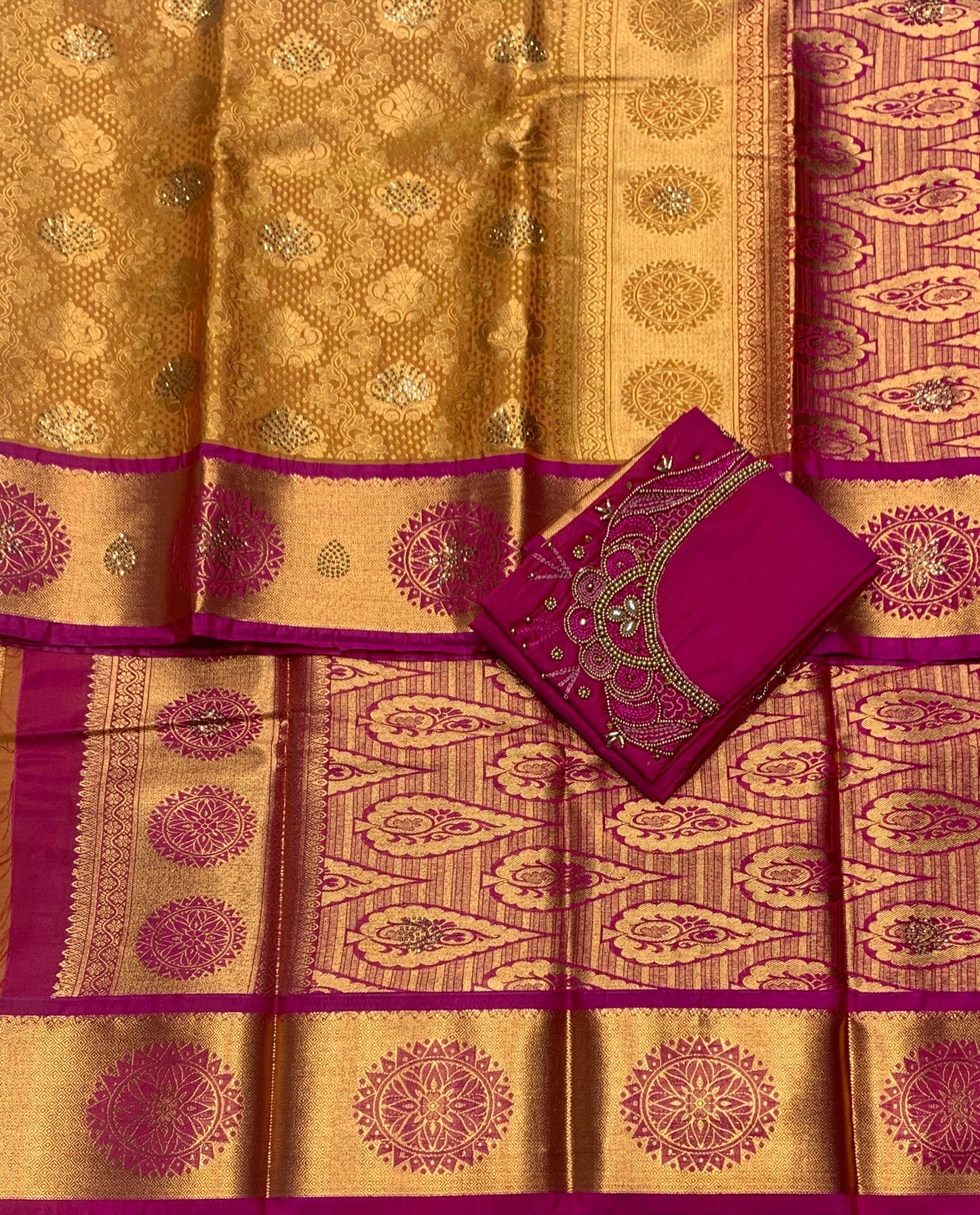 Bridal Vegan Silk Saree Golden Yellow shade with Pink Border with Unstitched blouse in Aari Work
