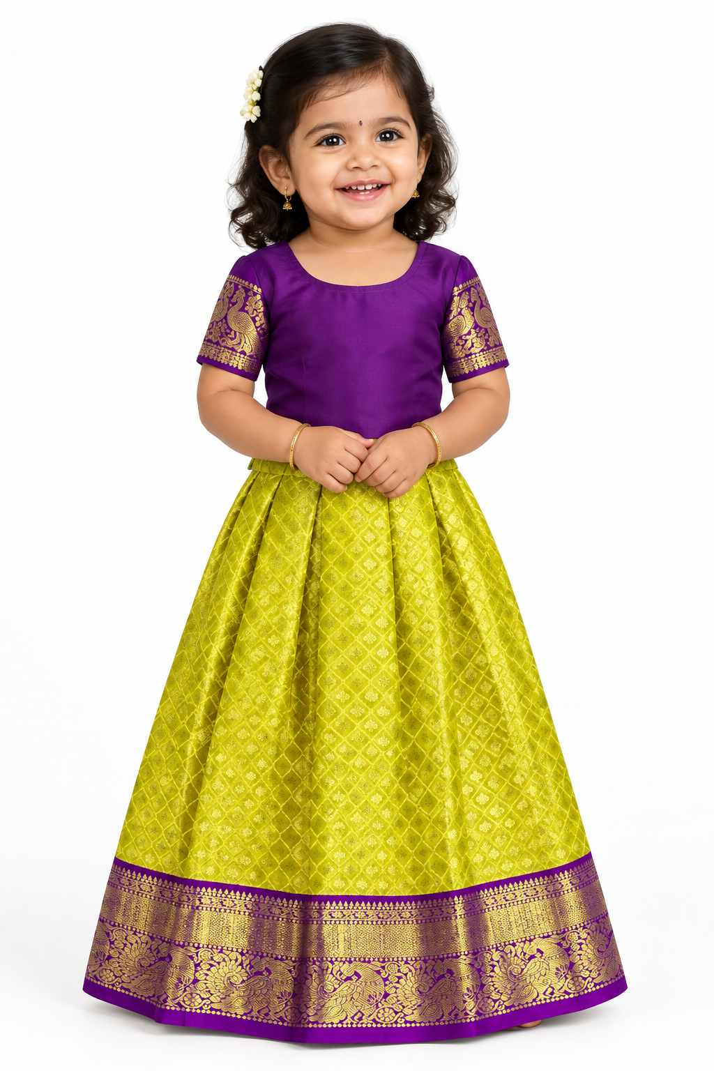Yellow Shade Pure Kanchipuram Kids Pattu Pavadai with Contrast Border for Newborn to 2 Years