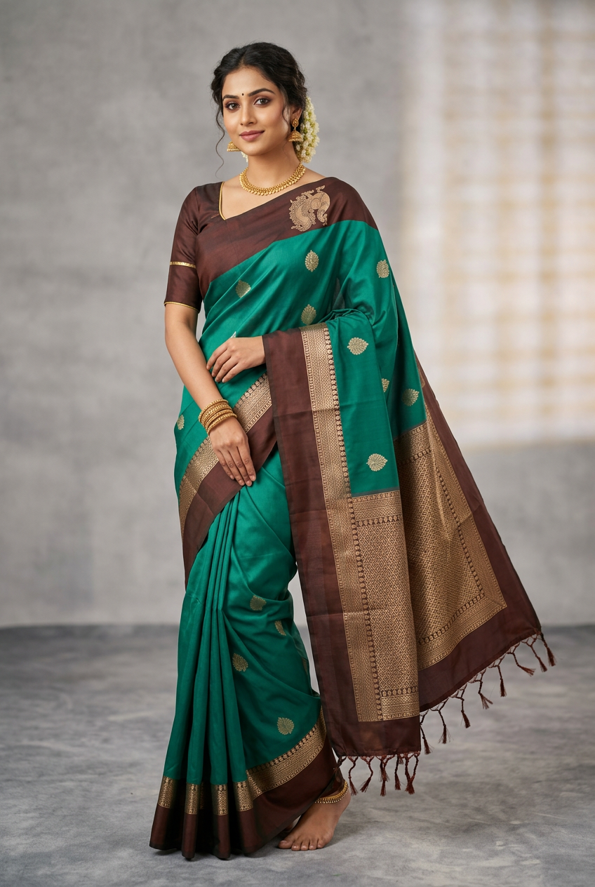 Art Silk Saree Peacock Green Colour with Brown Colour Border