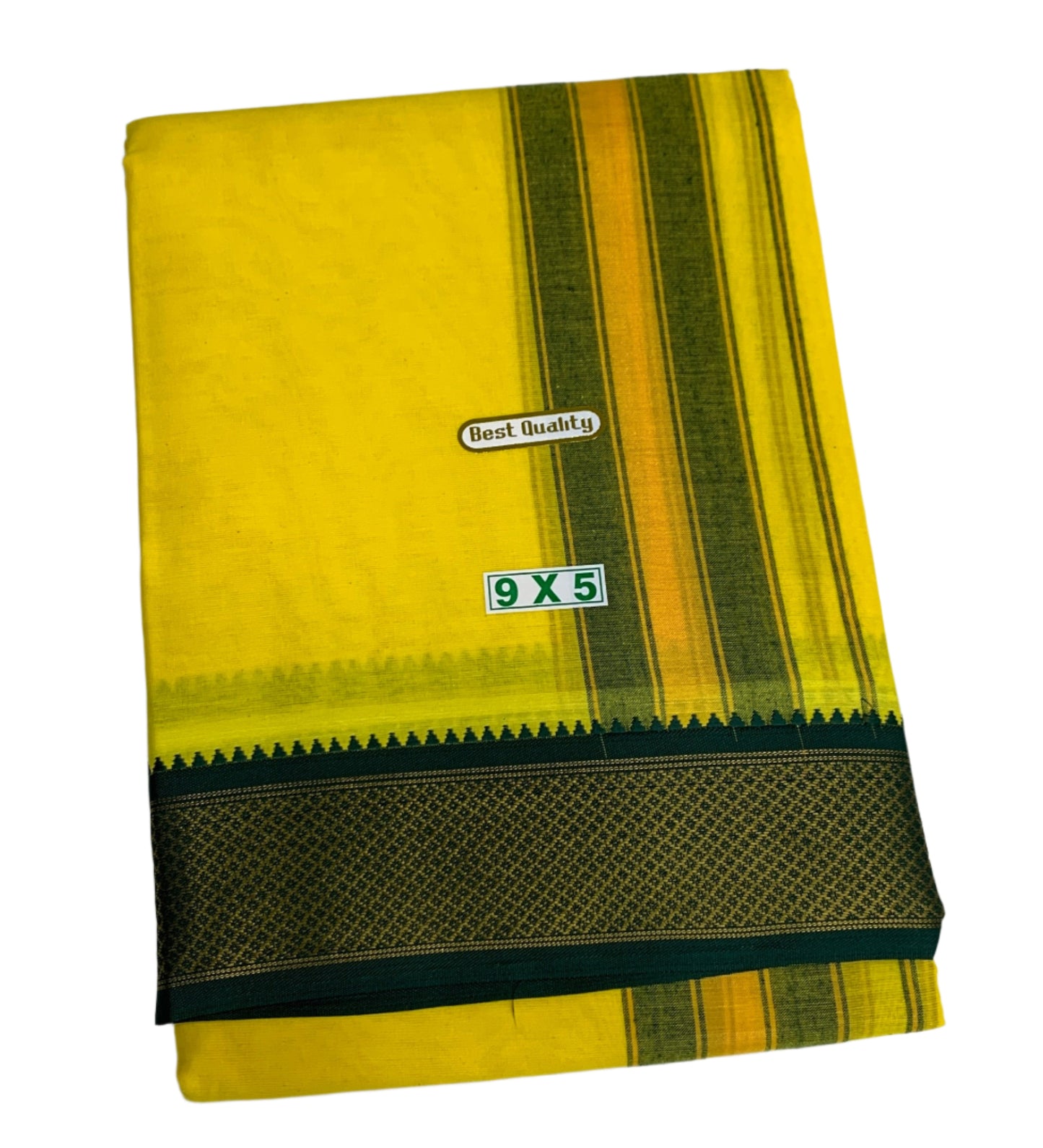 9X5 Cotton Dhoti Yellow Green and Maroon Zari Border with Angavastram