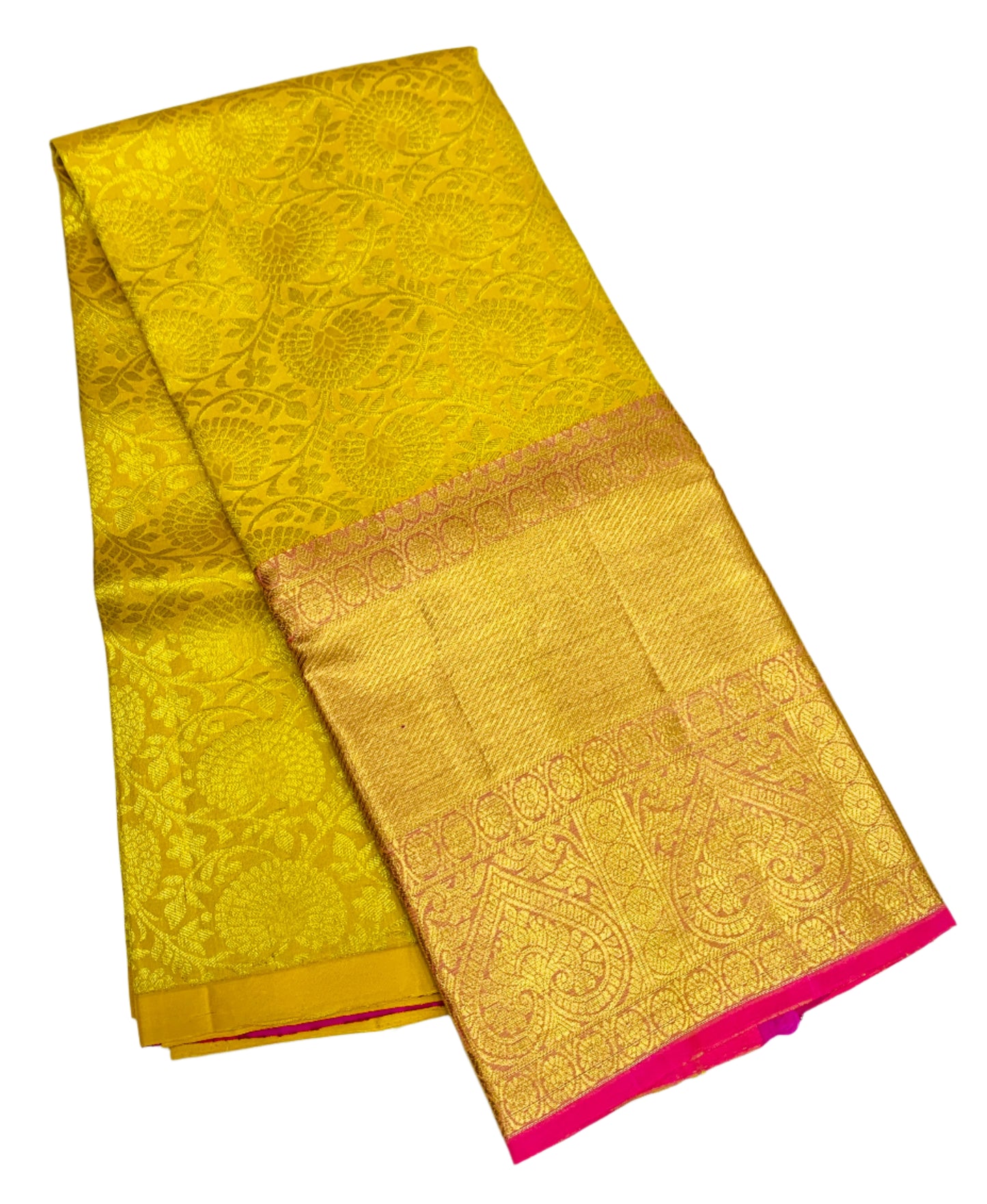 Yellow Shade Pure Kanchipuram Kids Pattu Pavadai with Contrast Border for age 5 to 10