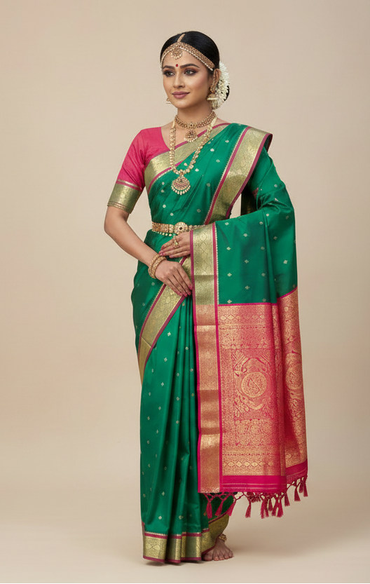Green Colour Saree with Golden and Pink Border