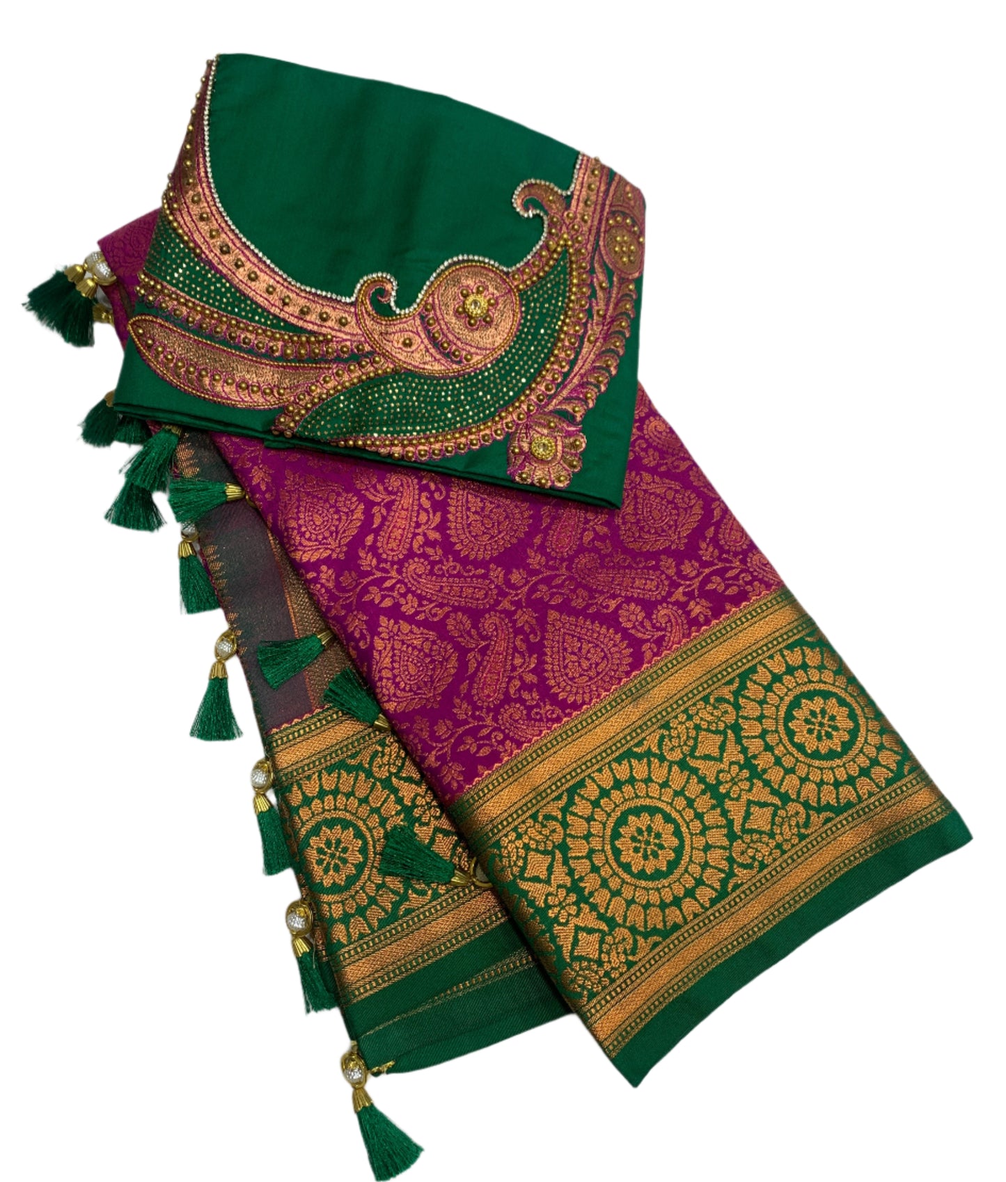 Bridal Vegan Silk Saree Magenta Colour with Green Border with Unstitched blouse in Aari work