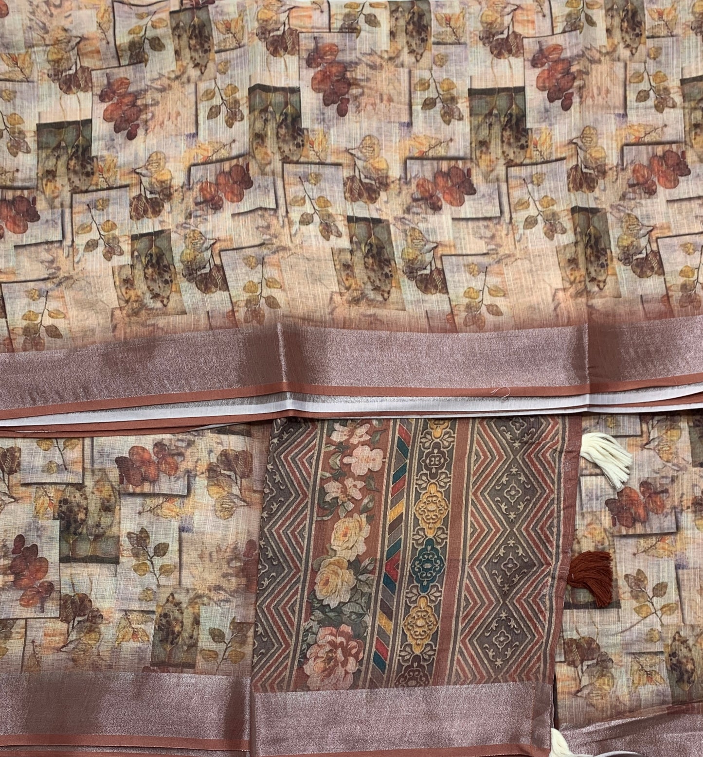 Jute Cotton Saree Brown Shade with Thread Border