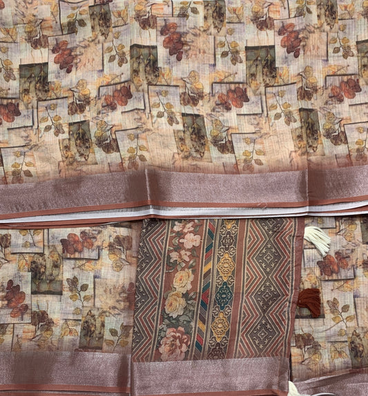 Jute Cotton Saree Brown Shade with Thread Border