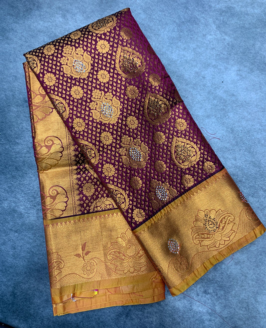 Vegan Silk Saree Maroon Colour with Copper and Golden Yellow Border