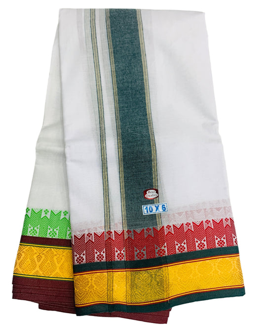 10X6 Cotton Dhoti White Colour with Yellow and Dark Green Border