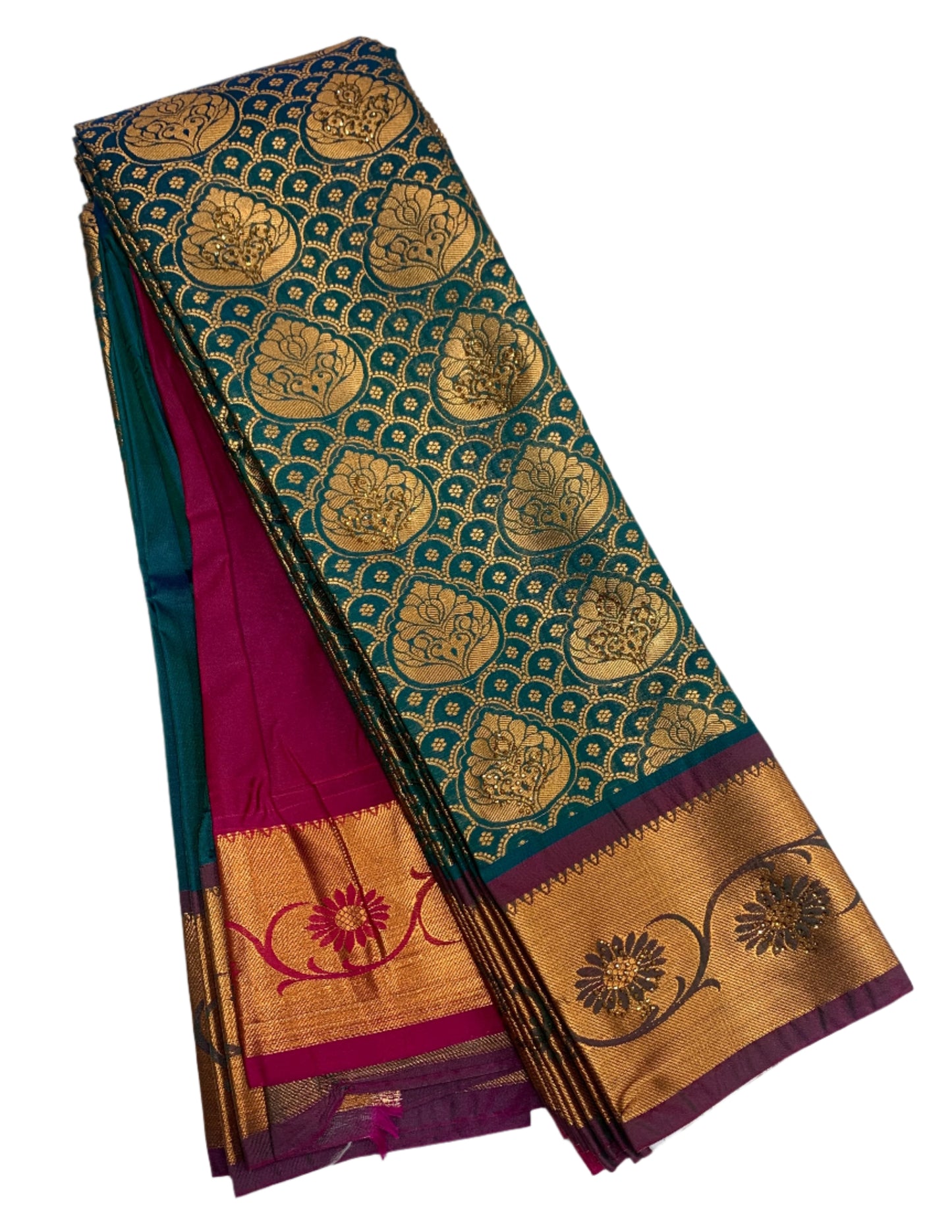 Vegan Silk Saree Peacock Blue Colour with Copper and Magenta Border