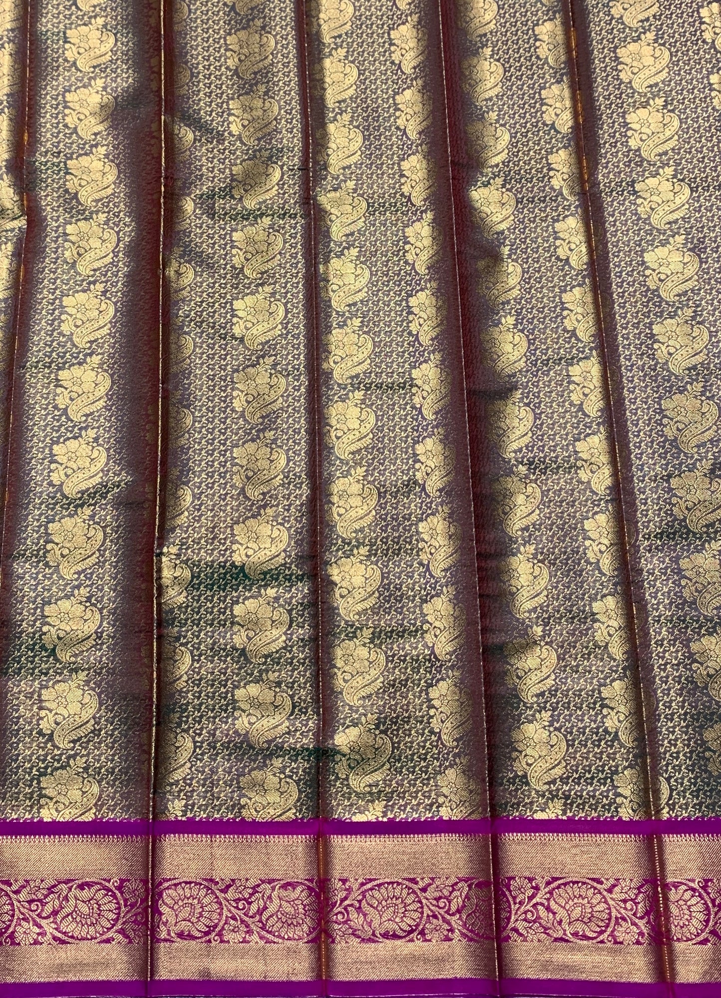 Vegan Silk Saree Olive Green Colour with Copper and Pink Border