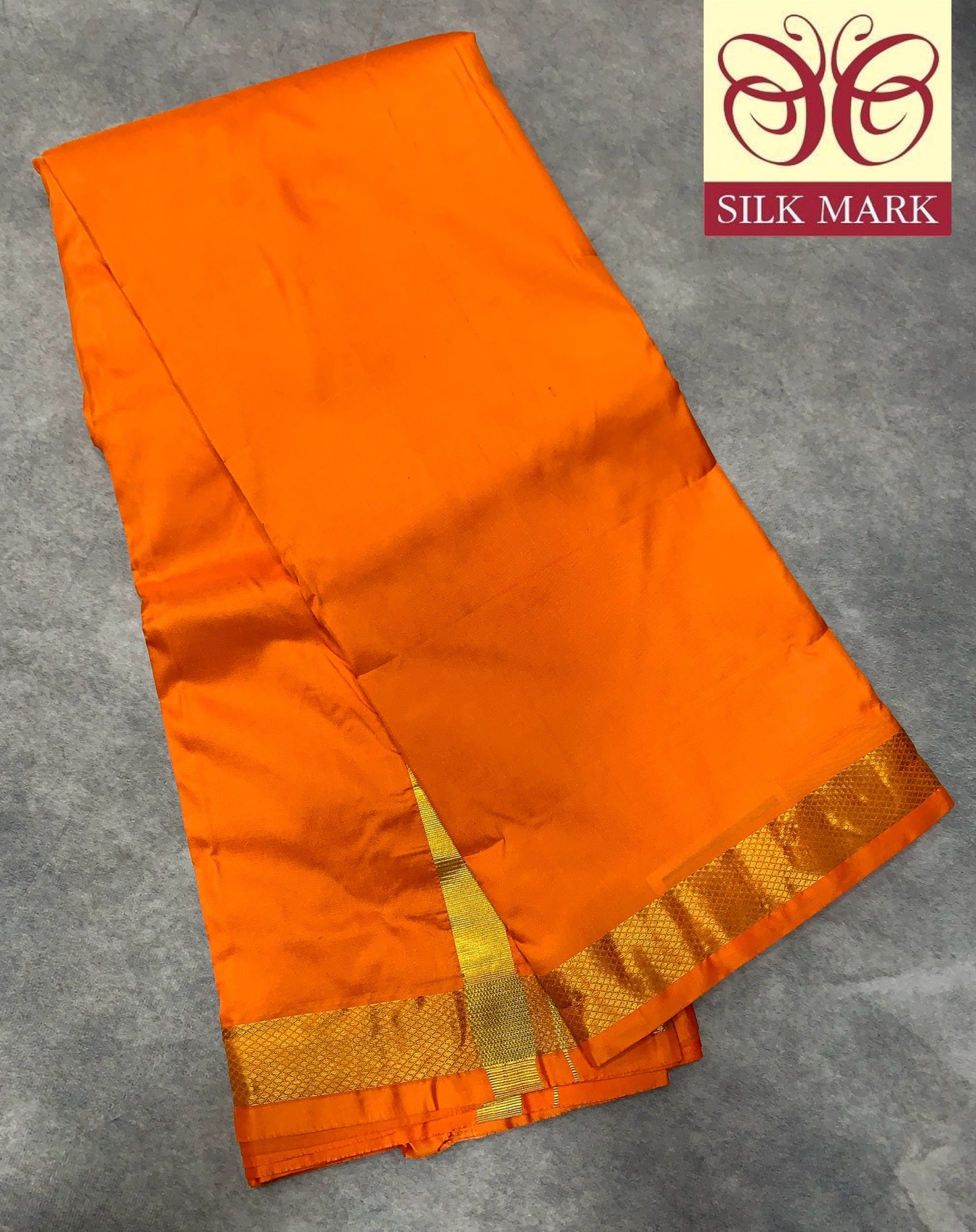 9X5 Pure Silk Dhoti Orange with Golden Zari Border