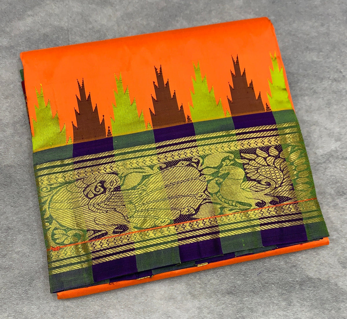 6 Mulam Silk Pooja Towel Orange Colour with Ganga Jamuna Korvai Border