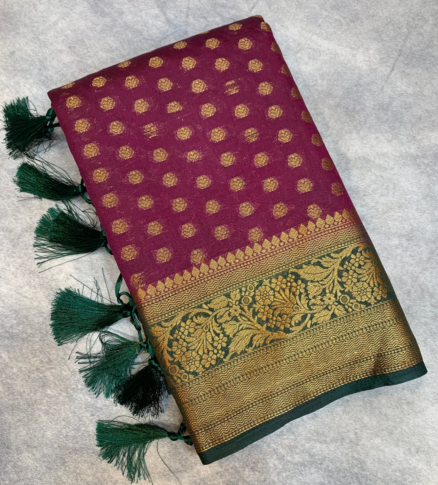 Crepe Saree Magenta Colour with Green Border