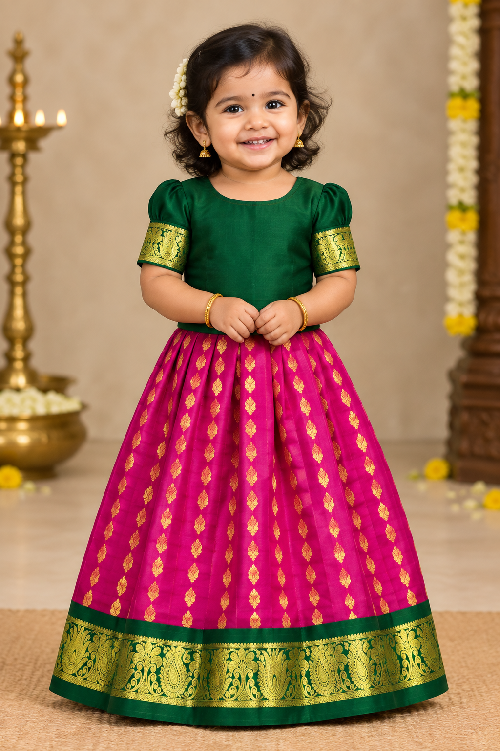 Pink Shade Pure Kanchipuram Kids Pattu Pavadai with Contrast Border for age 2 to 5