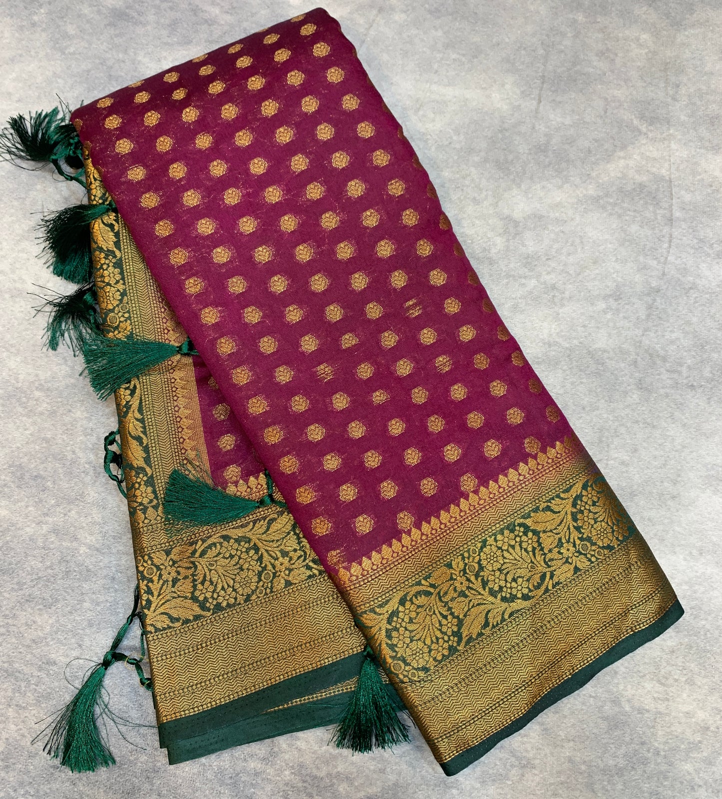 Crepe Saree Magenta Colour with Green Border