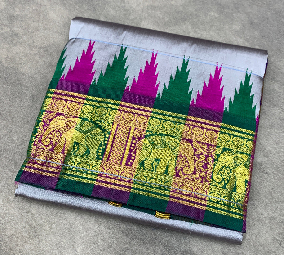 6 Mulam Silk Pooja Towel Grey Colour with Ganga Jamuna Korvai Border