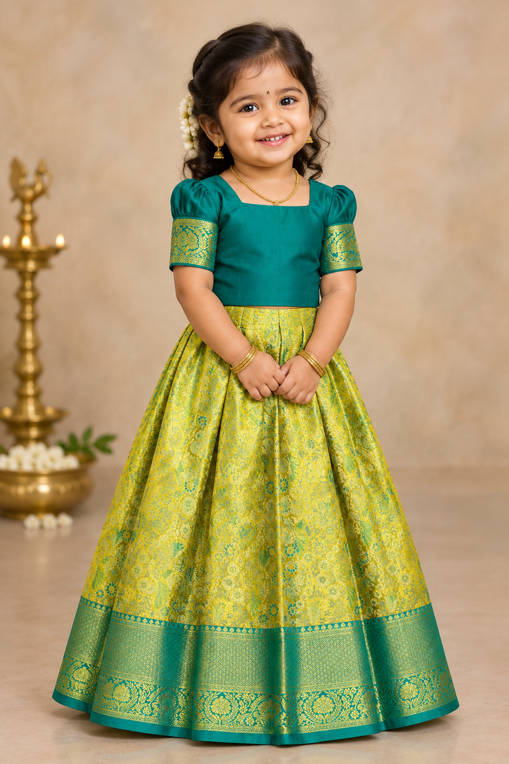 Parrot Green Shade Pure Kanchipuram Kids Pattu Pavadai with Contrast Border for Newborn to 2 Years