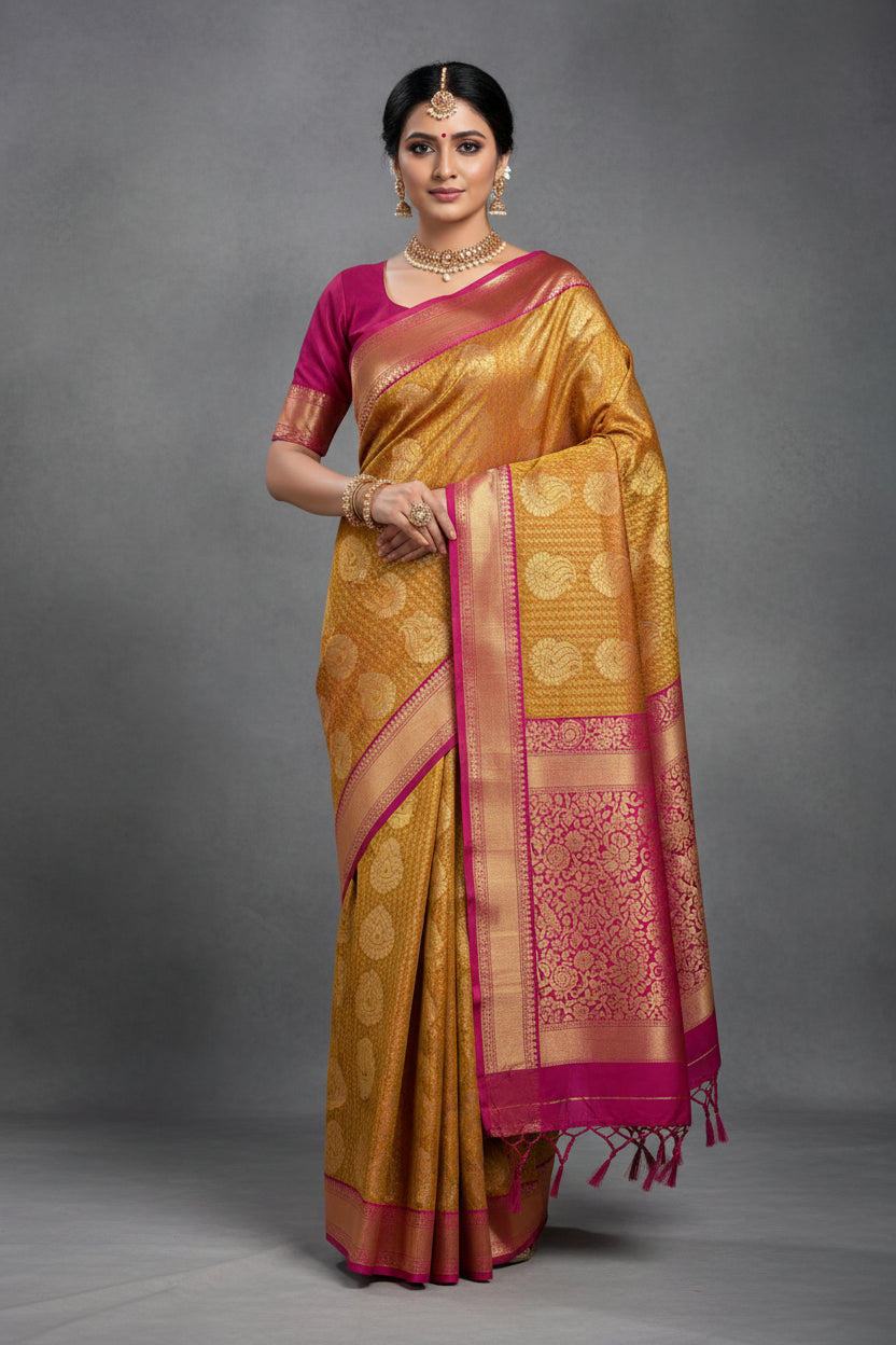 Vegan Silk Saree Golden Yellow Colour with Pink and Copper Border