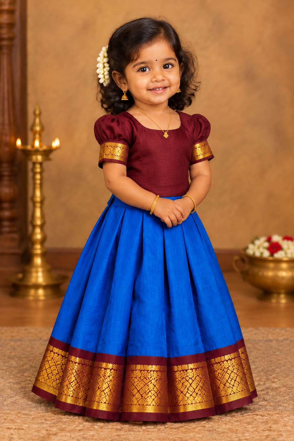 Peacock Blue Shade Pure Kanchipuram Kids Pattu Pavadai with Contrast Border for Newborn to 2 Years