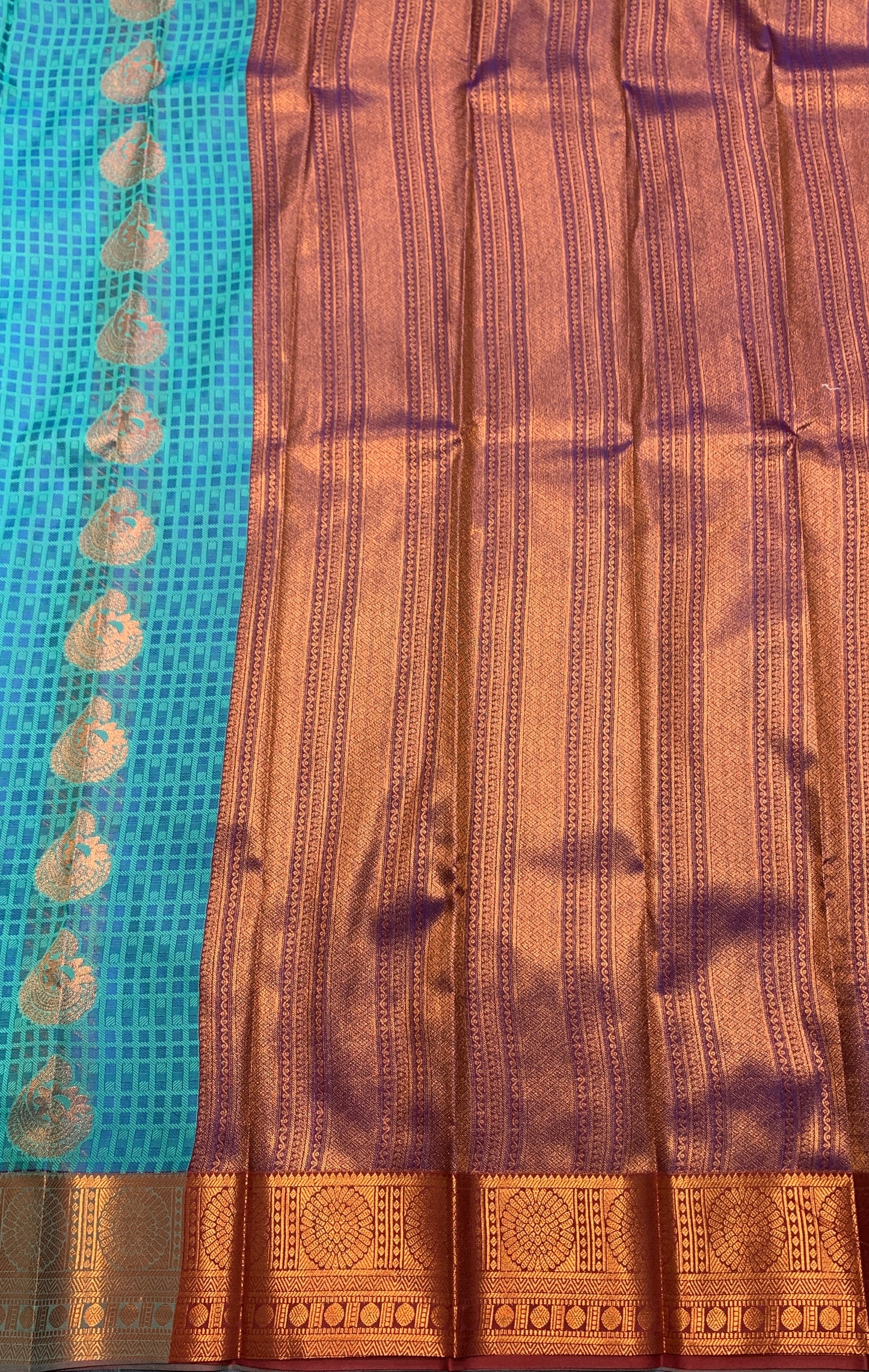 Vegan Silk Saree Sapphire Colour with Golden Floral Border