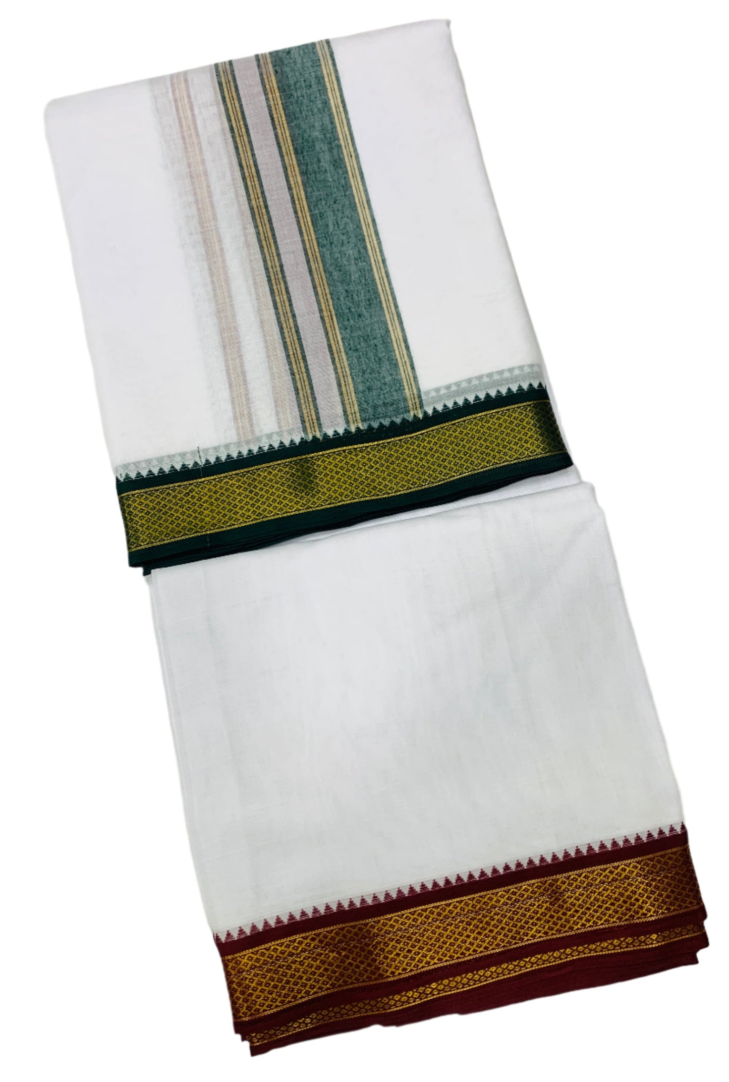10X6 Cotton Dhoti White Colour with Green and Maroon Border