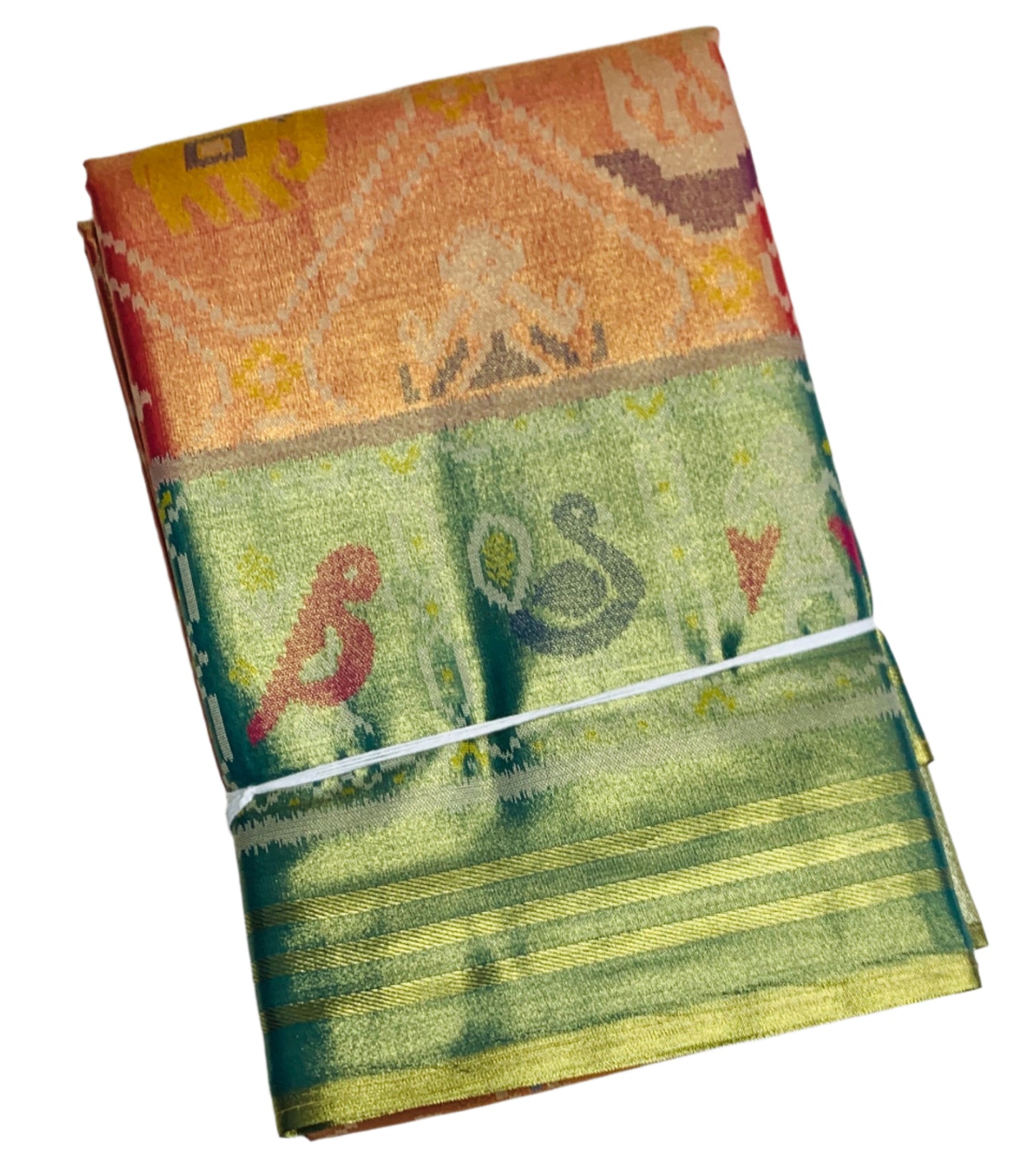 Pochampalli Tissue Silk Saree Golden Orange Colour with Golden Light Green Border