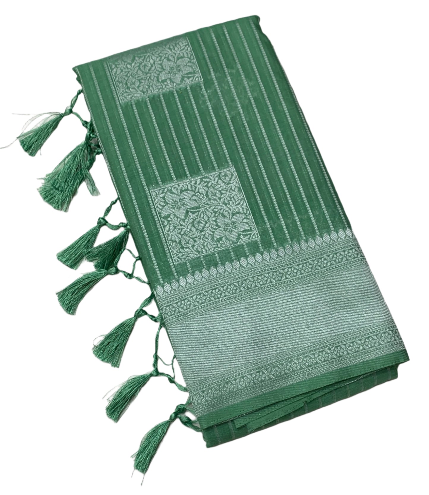 Fancy South Cotton Summer Special in Vibrant Pastel Colours - * Emerlad Green * with Sliver Zari Border