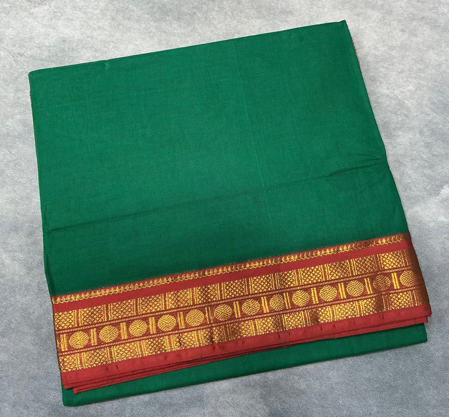 Chettinad Cotton Saree Leaf Green Colour with Red Colour with Zari Work Border