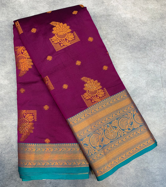 Soft Silk Casual Saree Magenta Colour with Rama Green and Golden Colour Border