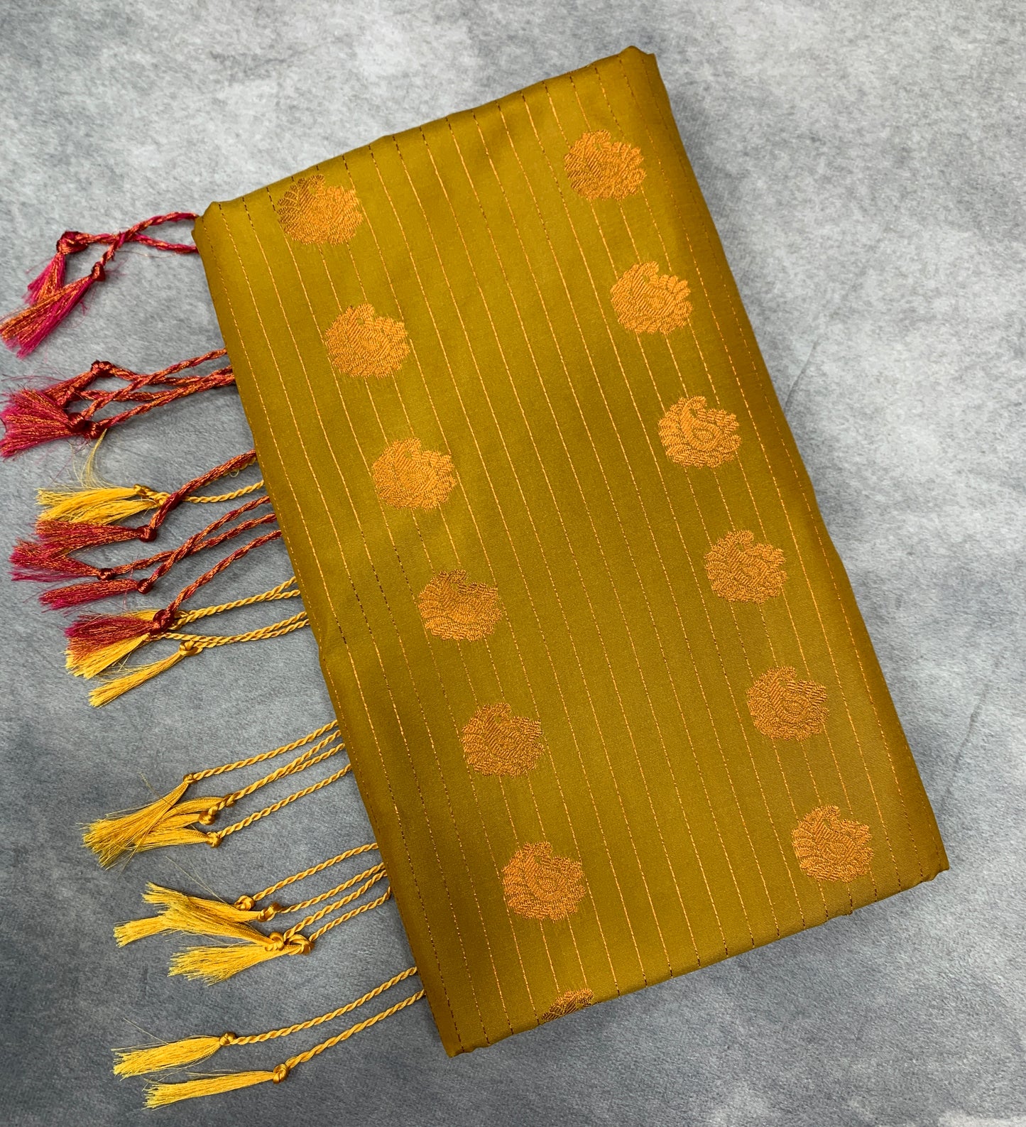 Soft Vegan Silk Saree Mustard Colour with Light Peach and Copper Border