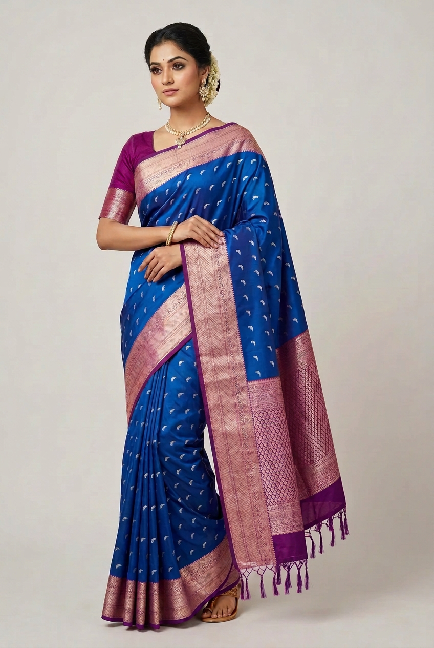 Art Silk Saree Sky Blue Colour with Purple Colour Border