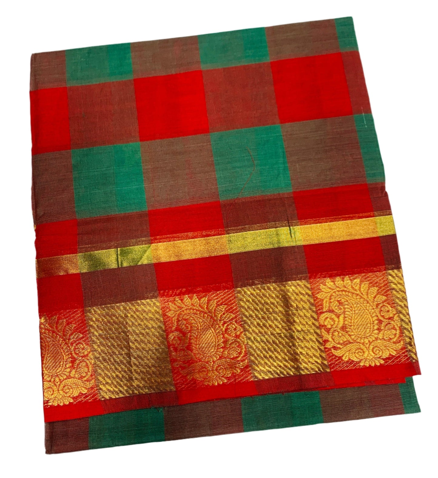 Chettinad Cotton Saree Green and Red Colour with Checked Design