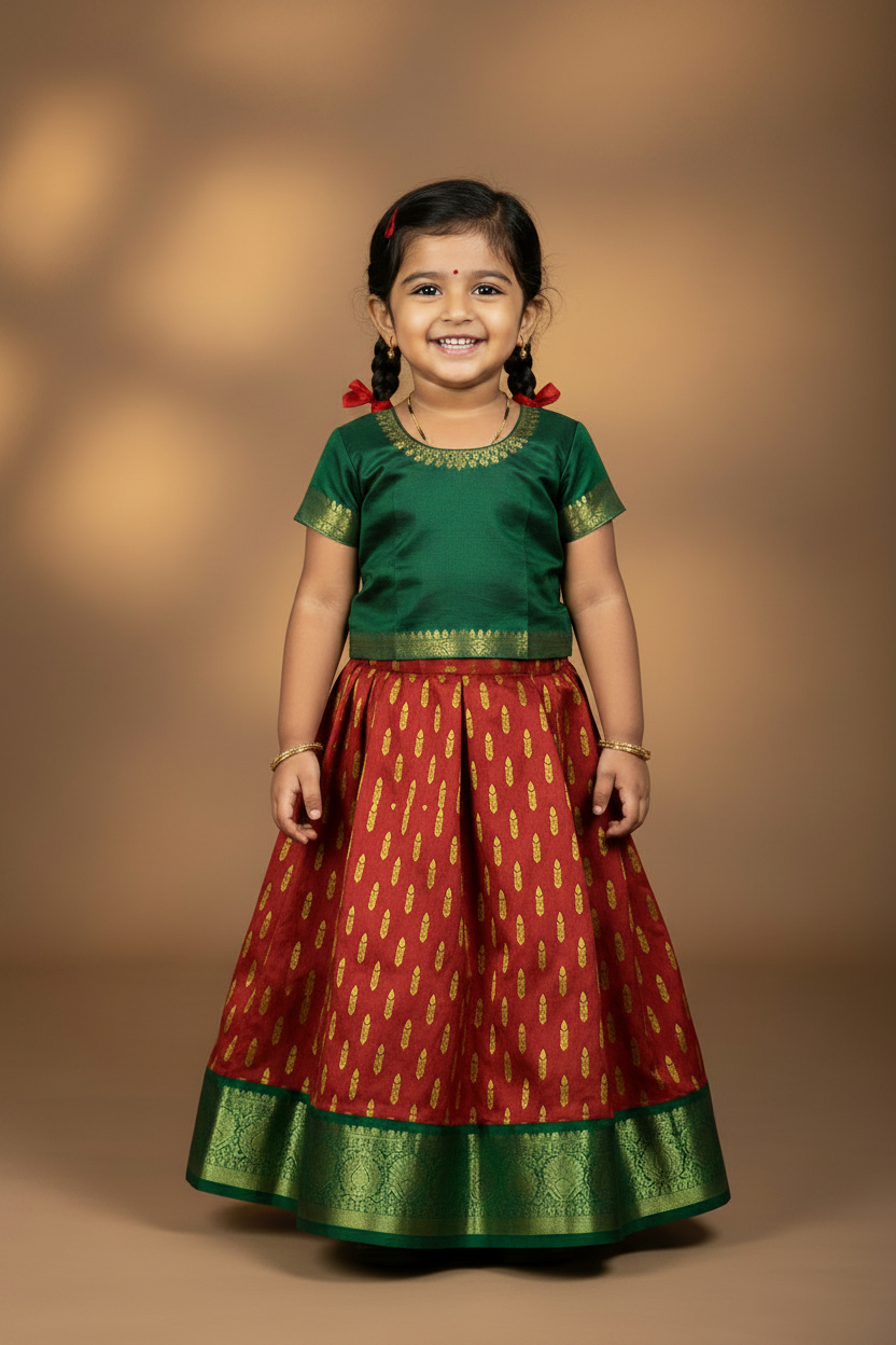 Red Shade Pure kanchipuram Kids Pattu Pavadai with Contrast Border for Newborn to 2 Years