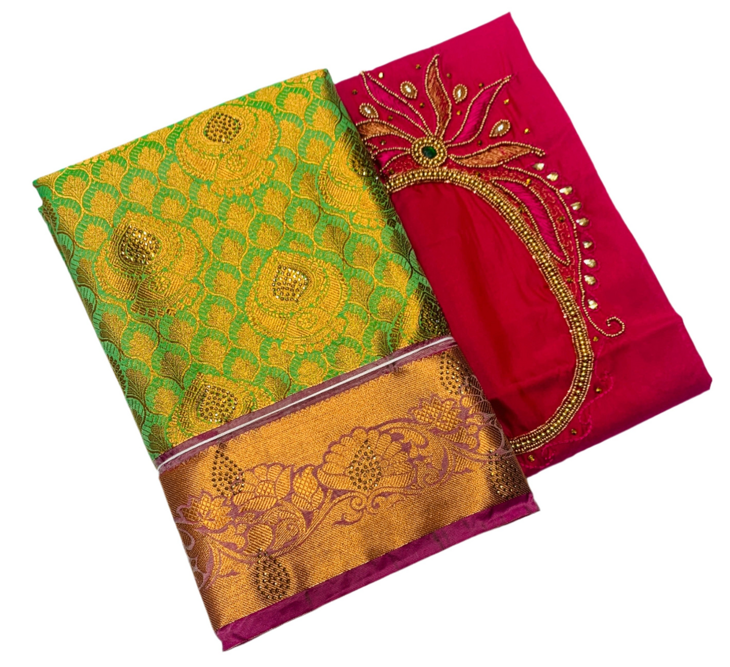 Bridal Vegan Silk Saree Light Green shade with Pink Border with Unstitched blouse in Aari work