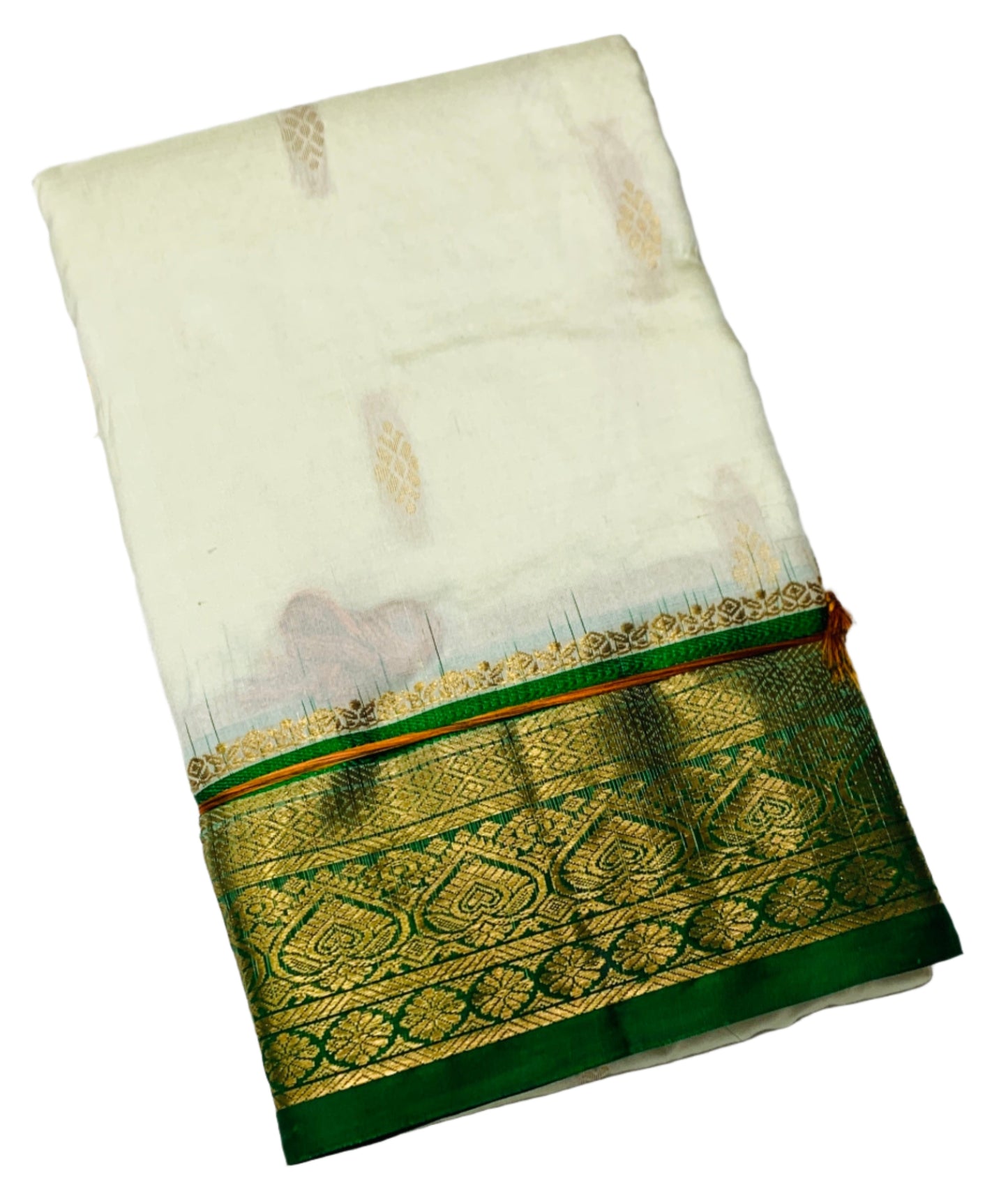 Pure Kanchipuram Silk Saree White Colour with Green Border