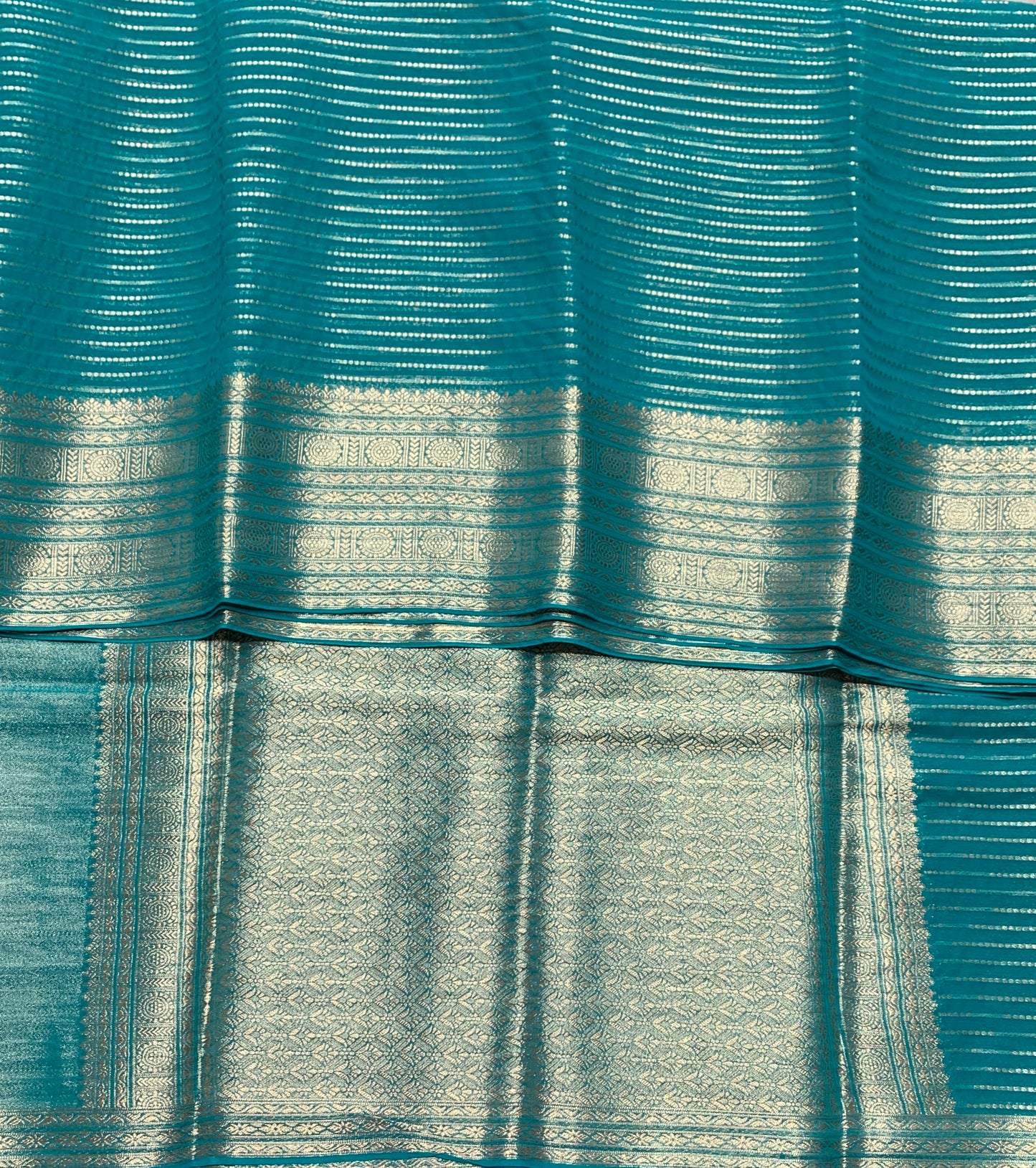 Georgette Saree Rama Green Colour with Sliver Floral Design Border