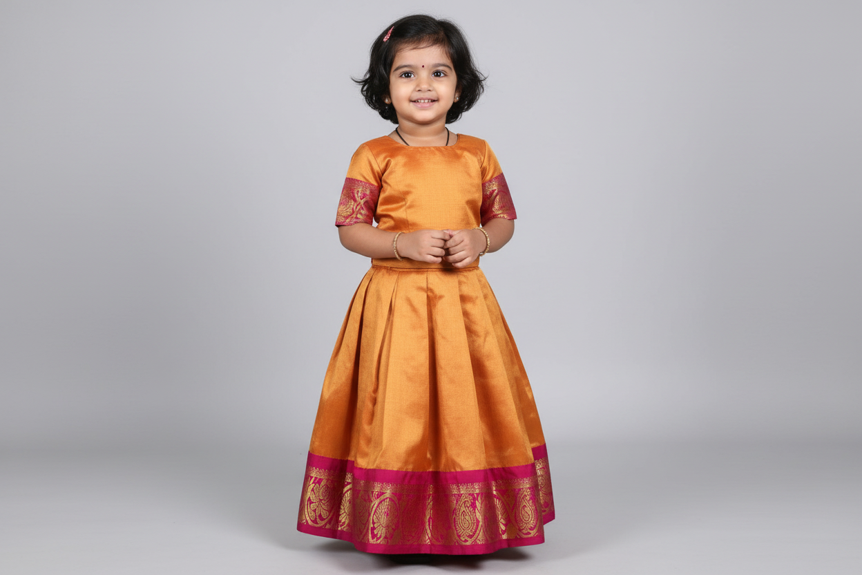 Mustard Yellow Shade Pure Kanchipuram Kids Pattu Pavadai with Contrast Border for age 2 to 5