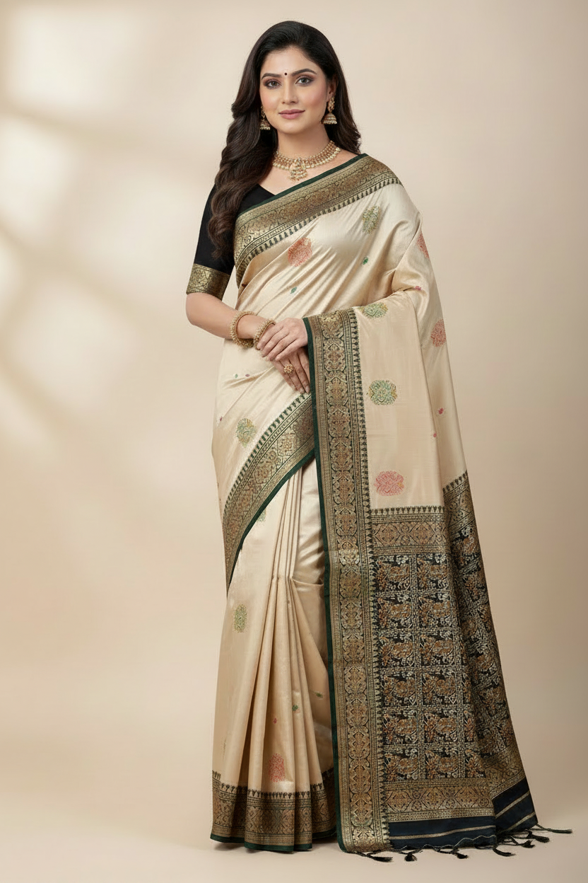 Pure Kanchipuram Silk Tussar Colour with Block Colour Thread Work Border