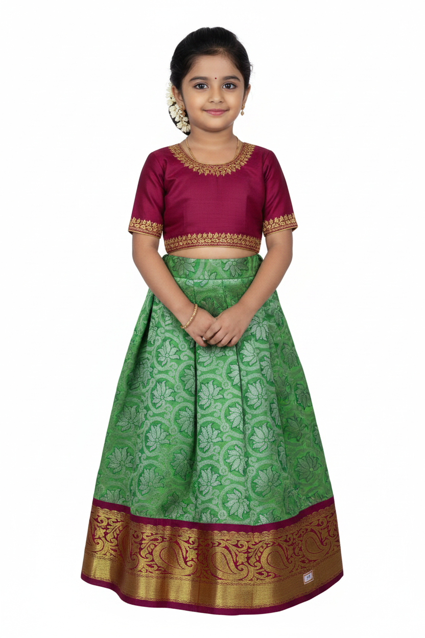 Light Green Shade Vegan Silk Kids Pattu Pavadai with Contrast Border for Newborn to 2 Years