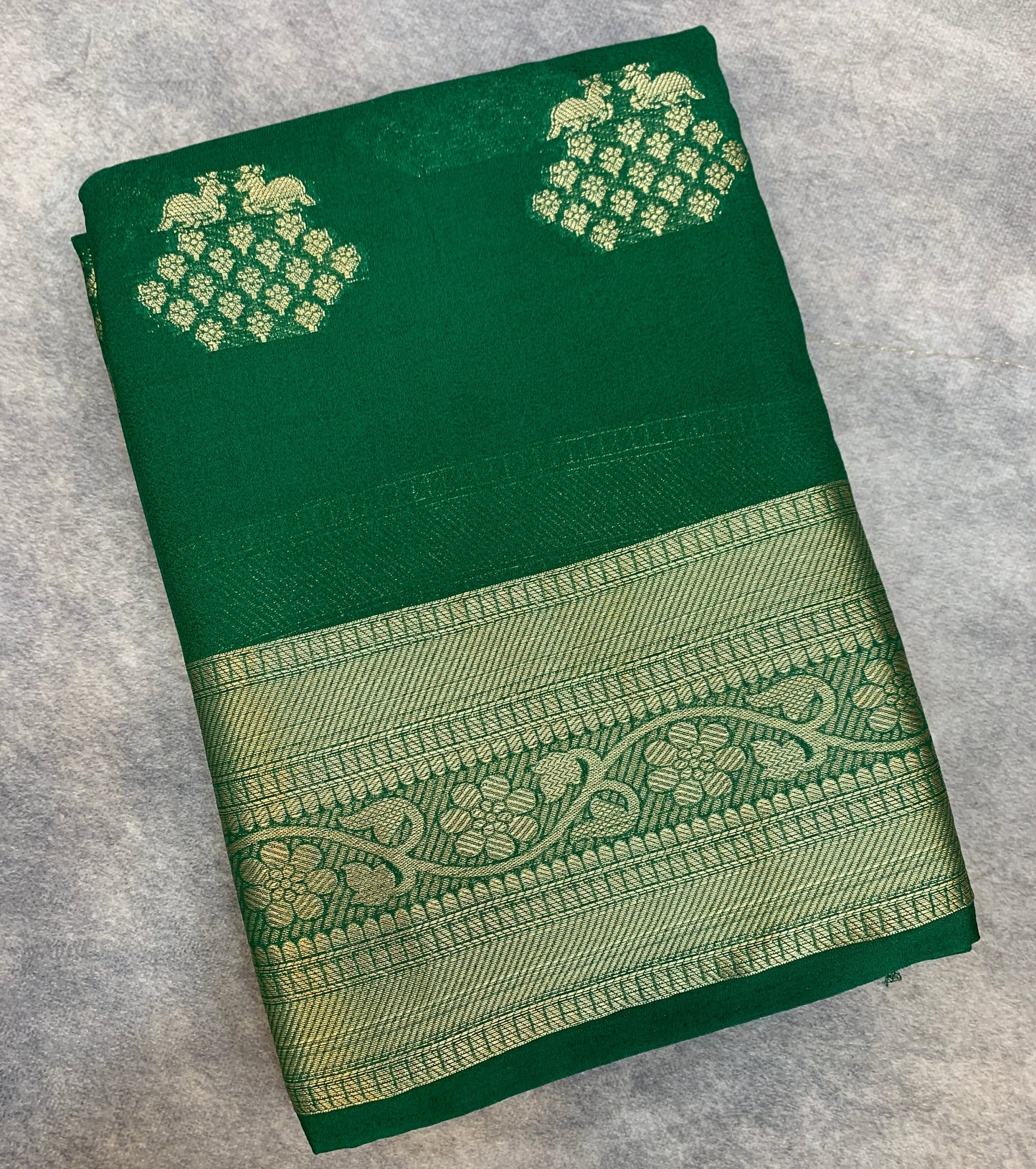 Crepe Saree Green Colour with Sliver Zari work Border