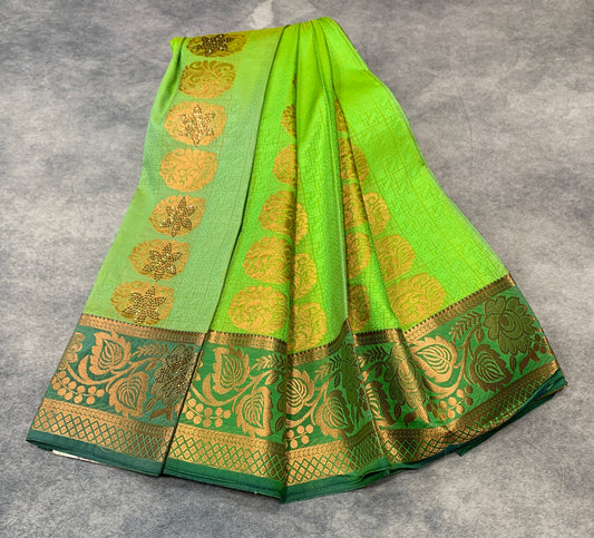 Vegan Silk Saree Light Green Colour with Copper and Green Floral Design Border