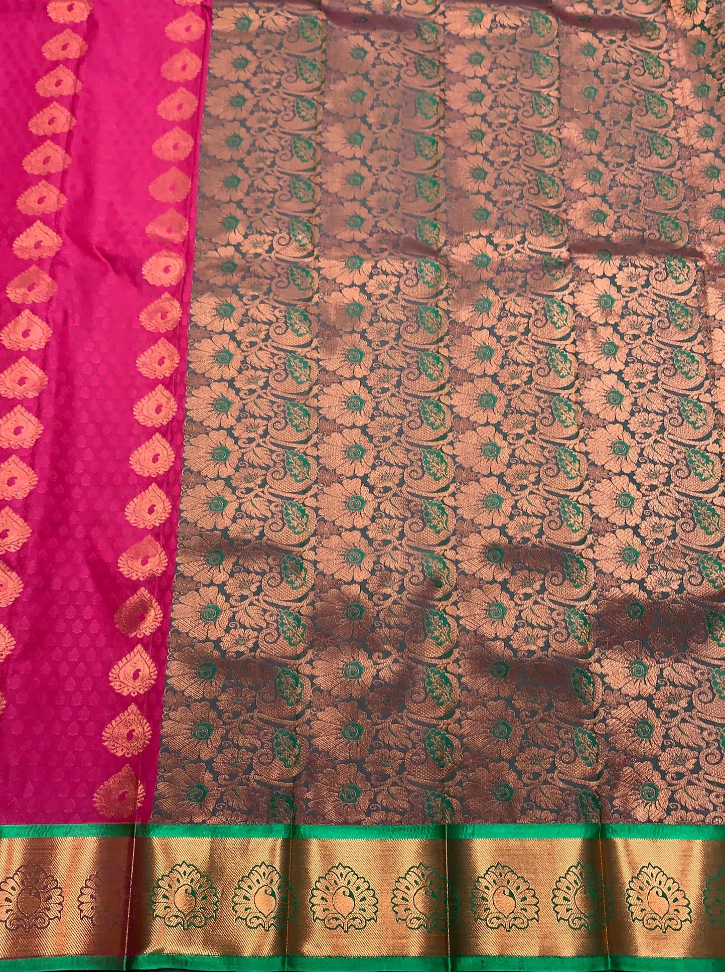 Vegan Silk Saree Pink Colour with Light Green and Copper Border