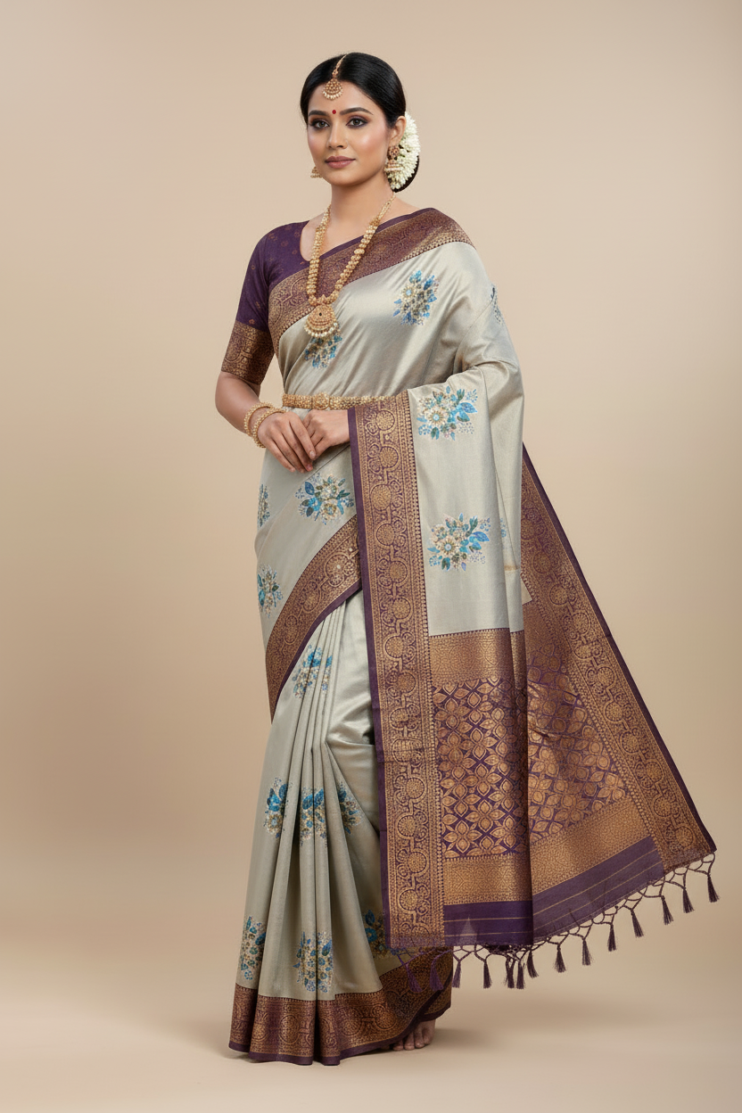 Fancy Tissue Saree Sky Blue Colour with Navy Blue Border