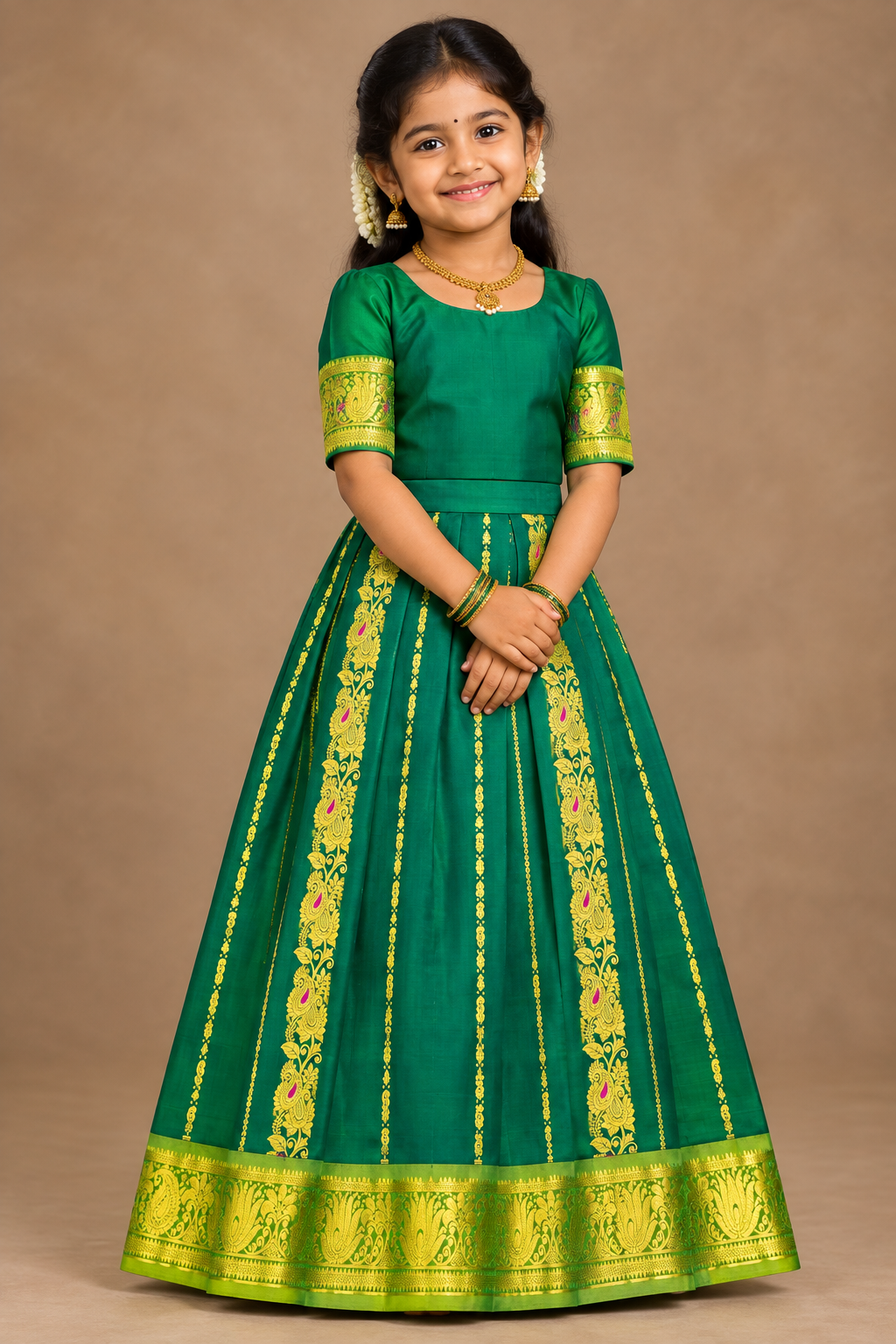 Light Green shade Semi Silk Kids Pattu Pavadai with Contrast border for age above 10 years