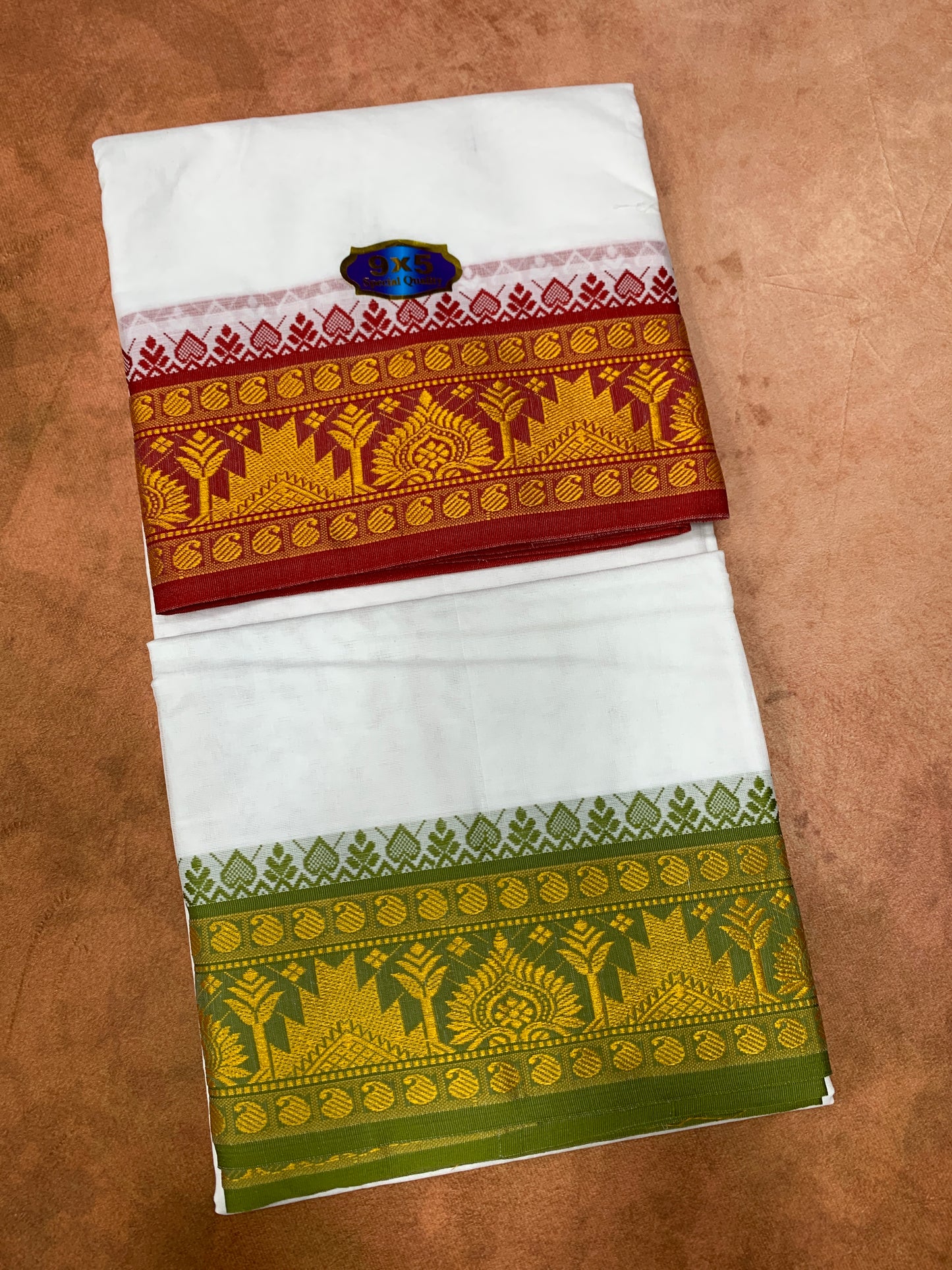 9X5 Cotton Dhoti White with Red and Olive Green Ganga Jamuna Border