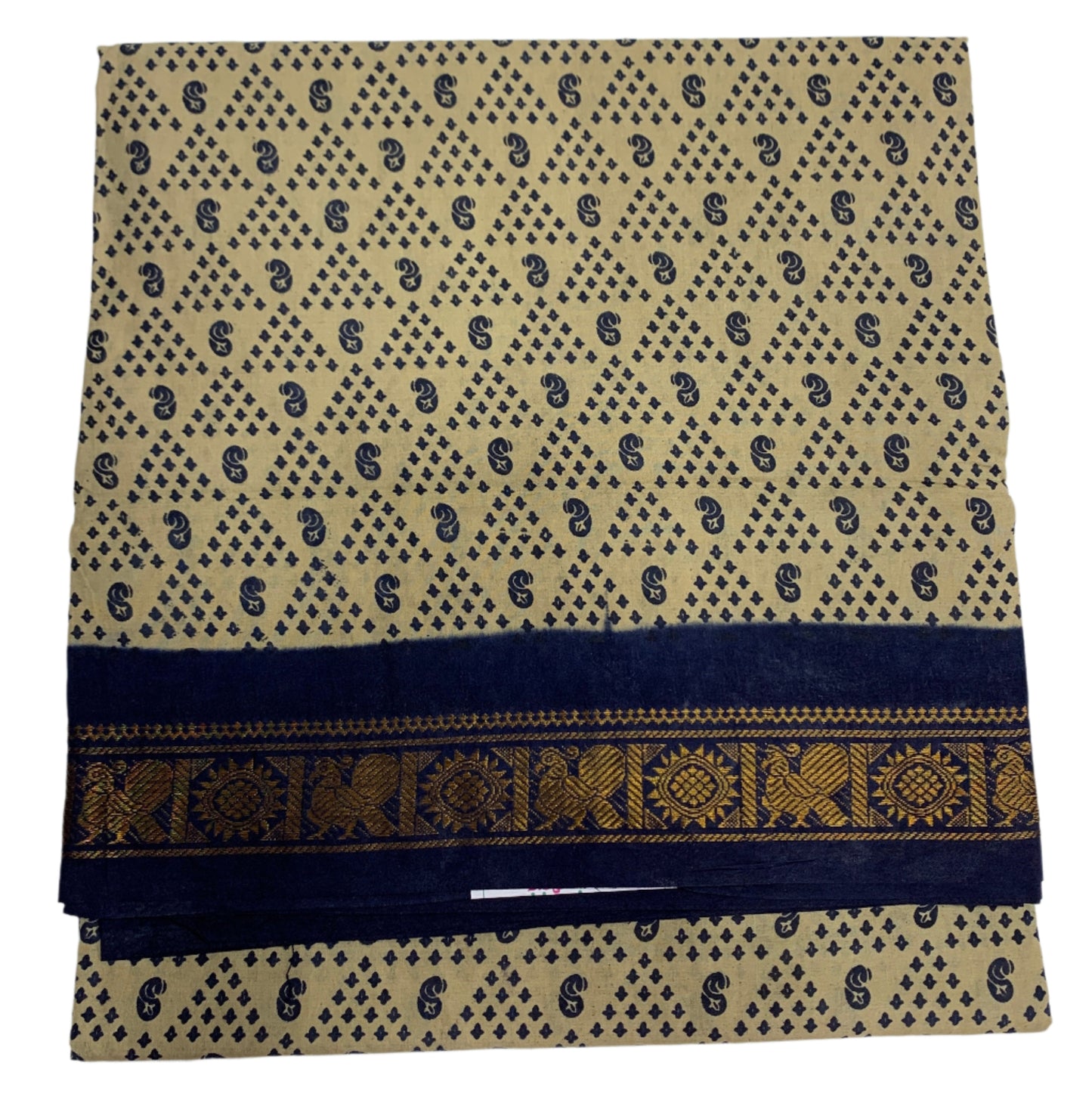Chettinad Sungudi Cotton Light Cream Colour with Navy Blue Colour Border