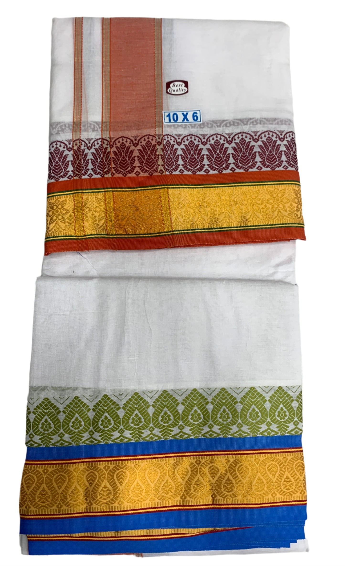 10X6 Cotton Dhoti White Colour with Yellow and Red Border