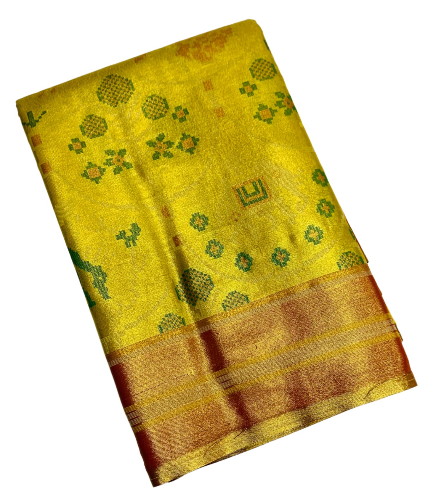 Pochampalli Tissue Silk Saree Golden Colour with Golden Orange Border