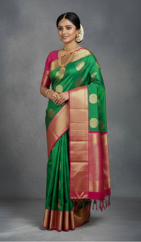 Soft Vegan Silk Saree Green Colour with Pink and Sliver Border